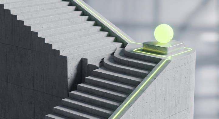 Escalera de hormigón con una línea de luz lima que recorre su borde hasta una esfera iluminada en la cima.